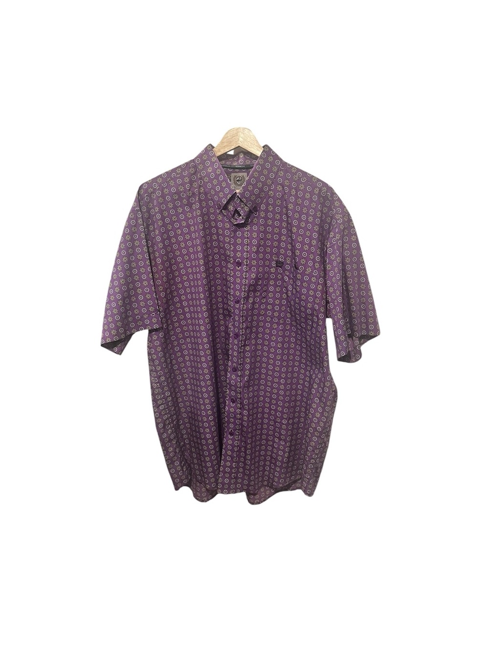 Cinch Purple Geometric Floral Pattern Button Down Short Sleeve Shirt 100% Cotton
